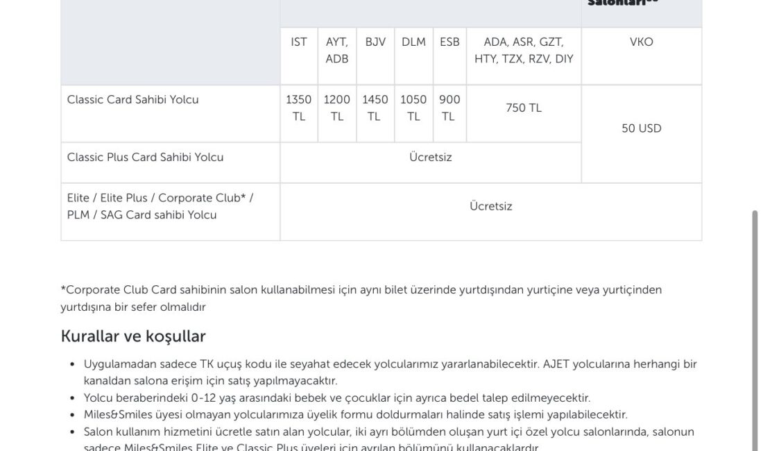 Türk Hava Yollar(THY) özel yolcu salonu kullanım ücretlerine 1 Temmuz’dan