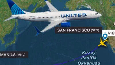 United Airlines'ın San Francisco'dan Manila’ya giden Boeing 777 tipi uçağında