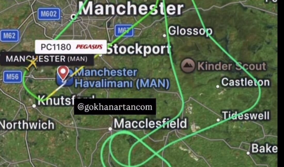 Pegasus uçağı Manchester’a geri döndü Manchester Havalimanı’ndan bugün İstanbul Sabiha Gökçen’e gelmek üzere havalanan Pegasus’a